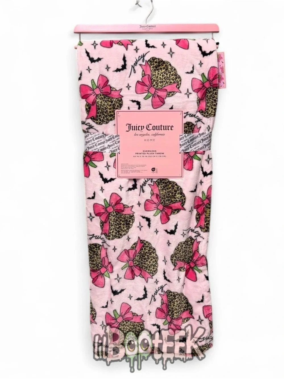 Juicy Couture Halloween Leopard Print Pumpkins w Bows & Bats Pink Plush Throw